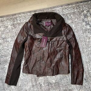 Vigoss‎ NWT Brown Faux Leather Moto Jacket Medium Brown Biker Full Zip